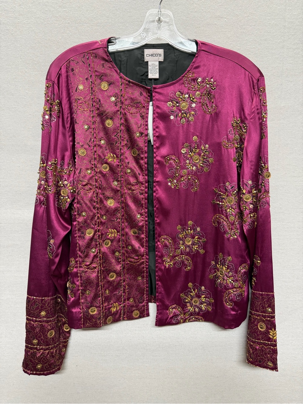 NWT Chico's Women's Embroidered Satin Jacket - size L